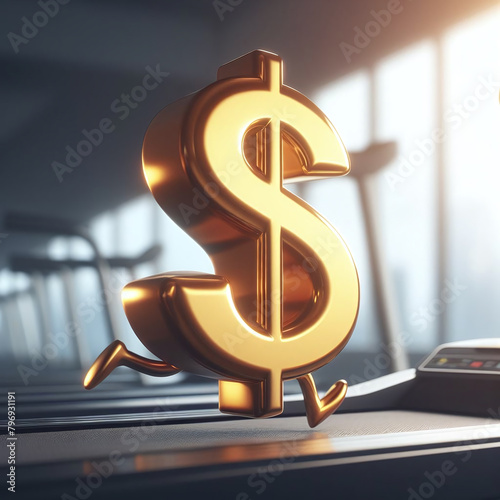 3D golden dollar sign running on a track, concept for financial race or economy speed.