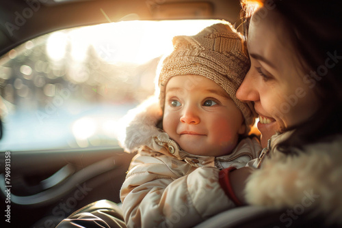 Mother and baby in a car, sun shining through the window. © evgenia_lo