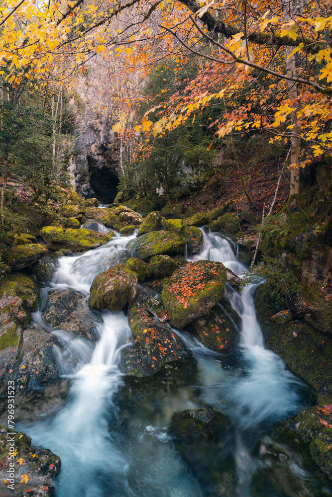 Autumn stream in Pyrenees with mossy rocks and leaves Autumn stream in Pyrenees with mossy rocks and leaves