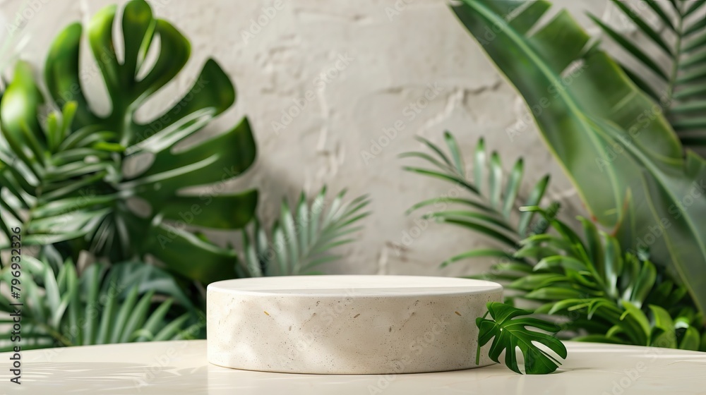 Obraz premium 3d rendering of a marble podium with tropical leaves