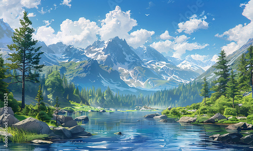 An artistic depiction of majestic mountains overlooking a tranquil lake. Generate AI