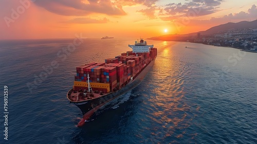 Aerial perspective of container ship in international logistics operations. Concept Container Shipping, International Logistics, Aerial Photography, Global Trade Operations, Maritime Industry