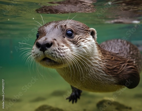 Close-up of a curious otter swimming underwater, looking directly at the camera with clear blue water in the background.