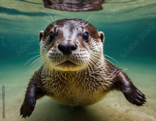Close-up of a curious otter swimming underwater, looking directly at the camera with clear blue water in the background. © Liera
