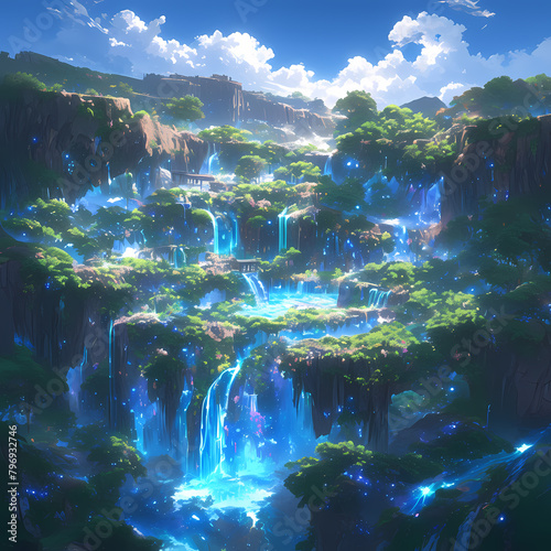 Breathtaking Animated Scenery with Glowing Blue Streams and Lush Green Forests