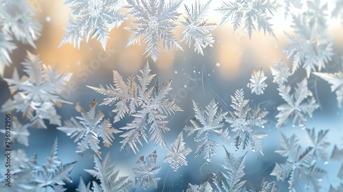 Background with frosty patterns resembling snowflakes on a frozen window in cold weather.