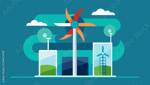 A crosssection illustration detailing the process of wind turning into kinetic energy that turns the blades of a turbine to generate