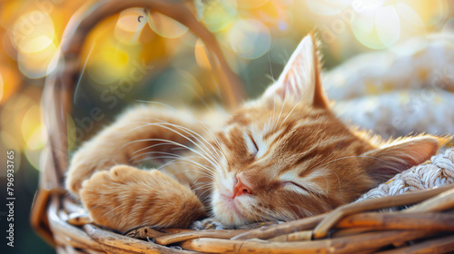 A little cat is sleeping in a basket. Close-up