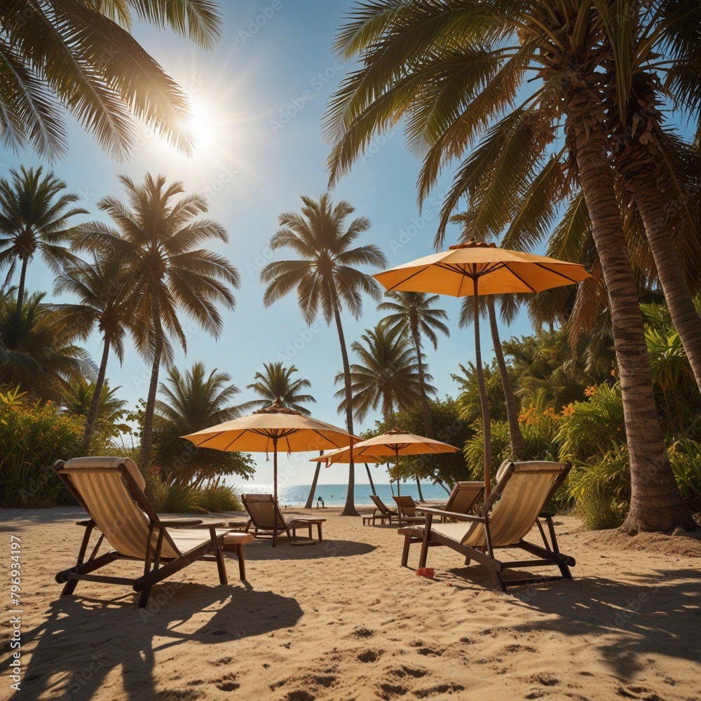 Fototapeta premium season of Summer days celebration on beach setup surrounding with plum trees and sun in the sky also the ocean infront of 