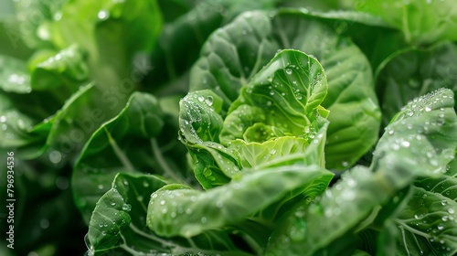 Close-up of green cabbage leaves with water drops. The image is taken in a field.