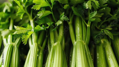 Fresh green celery stalks with leaves, close-up. Healthy eating, vegetarian food concept.
