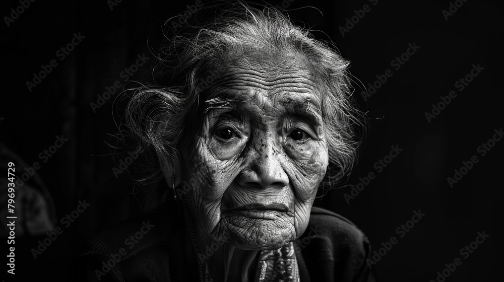 Wisdom in Monochrome: Portrait of an Elderly Woman. Generative AI