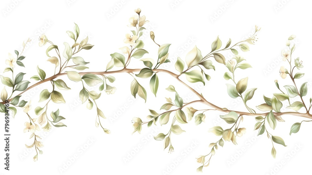 Watercolor Branch with green foliage and beige flowers Clipart