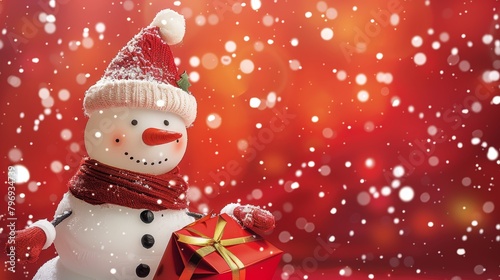 Festive wallpaper depicting a cute snowman adorned with a scarf and hat, presenting gifts, suitable for Christmas and New Year's themes with extra space for text