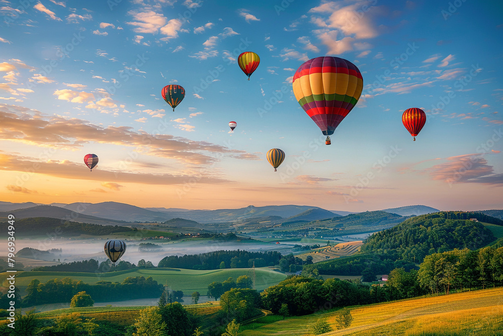A cluster of colorful hot air balloons floating above a picturesque landscape