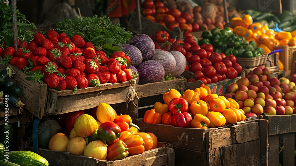 Vibrant farmers market produce stand with an assortment of fresh fruits and vegetables in wooden crates, including strawberries, peppers, tomatoes, an