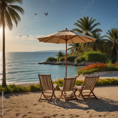 season of Summer days celebration on beach setup surrounding with plum trees and sun in the sky also the ocean infront of 