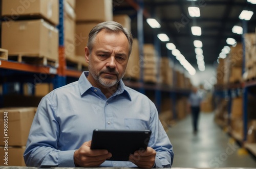 Wholesale warehouse employee with tablet inspection, humanitarian aid