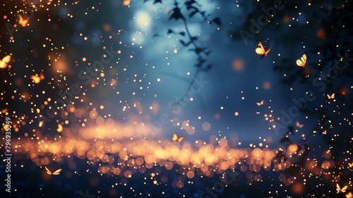 The image is a beautiful night scene with a lot of glowing butterflies.