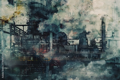 Mystical Industrial Watercolor Landscape with Futuristic Machinery and Atmospheric Smoke