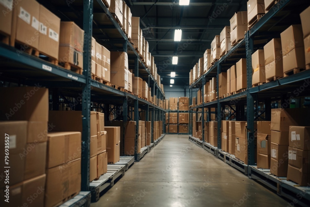 Huge warehouse goods, cardboard boxes on shelves, humanitarian aid