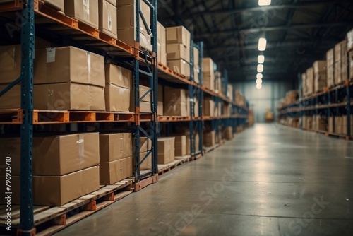 Huge warehouse goods  cardboard boxes on shelves  humanitarian aid