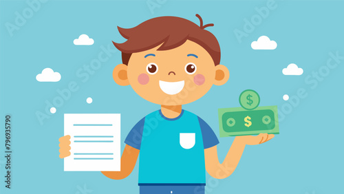 A child proudly showing off their first paycheck and talking about how they have started saving for their future.