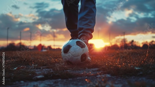 Soccer player performing freestyle tricks with a soccer ball at sunset on a grass field photo