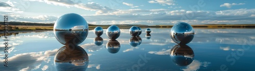 Serene Reflections  Mirrored Spheres on a Tranquil Lake