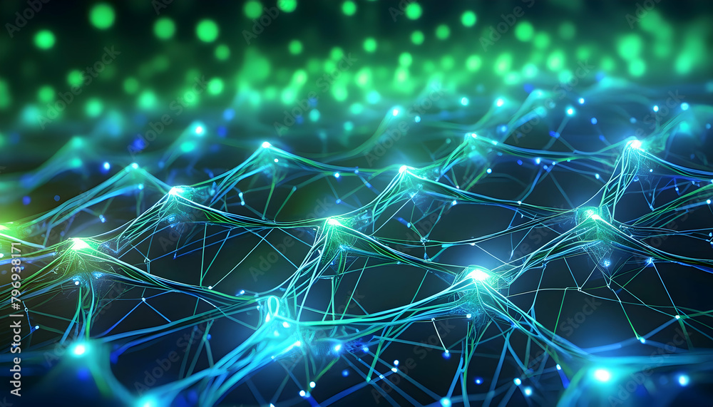 3D visualization of a neural network, showcasing its complex layers and interconnections, with a futuristic blue and green color scheme, emphasizing the flow of data through its no 3D visualization of a neural network, showcasing its complex layers and interconnections, with a futuristic blue and green color scheme, emphasizing the flow of data through its no