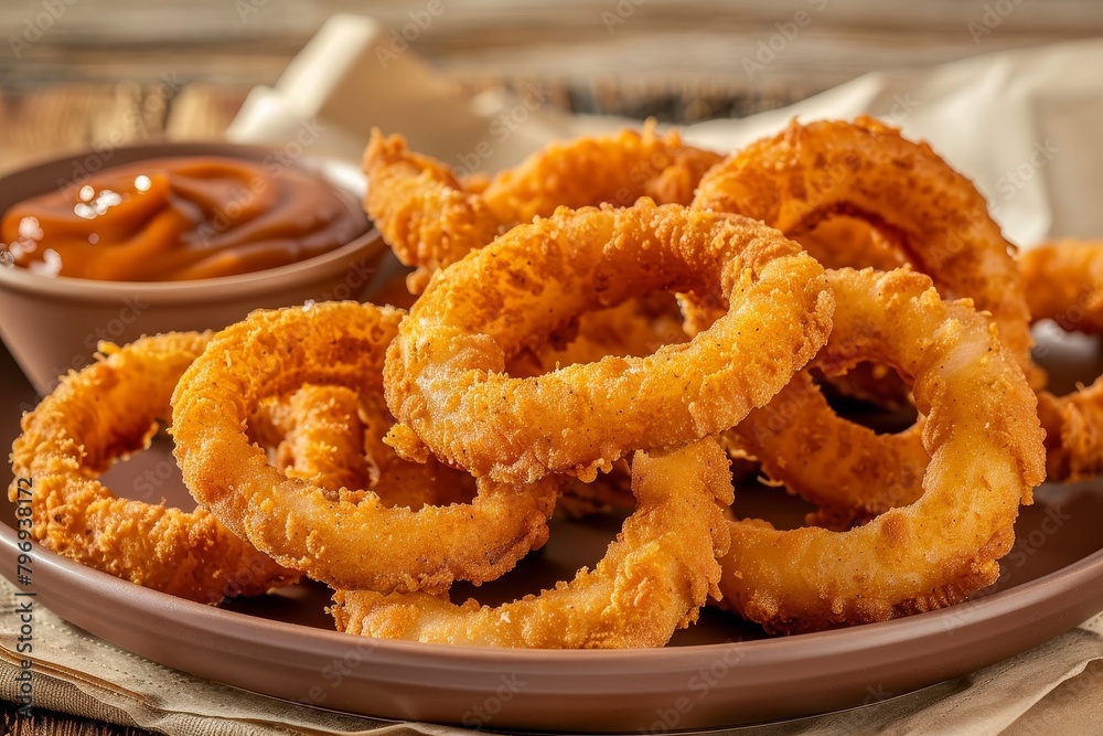 Delicious fried onion rings with dipping sauce Delicious fried onion rings with dipping sauce