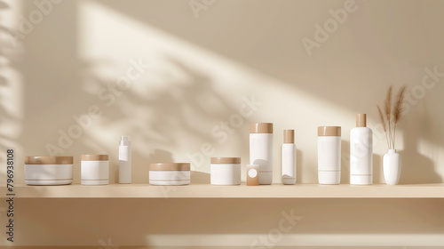 Minimalist product shelves display a range of skin care products with modern shapes.