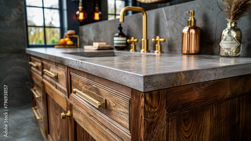 A bathroom sink with a gold faucet and a countertop made of granite. The sink is surrounded by wooden cabinets and a mirror