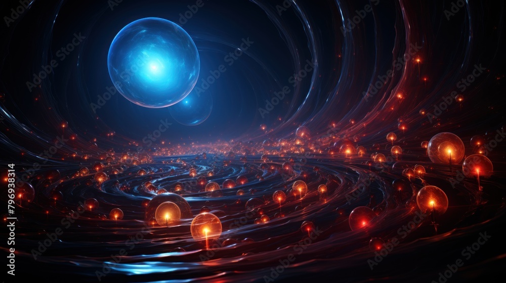 Digital illustration of blue quantum energy with swirling lines and glowing orbs representing a dynamic system.