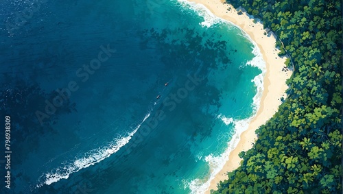 Tropical seascape in aerial perspective. Deep blue ocean at sunny day, tropical lagoon. Sand beach and blue wavy sea on painting. AI generated illustration