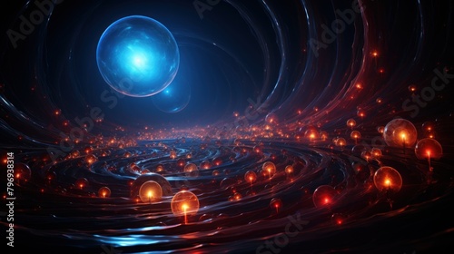 Digital illustration of blue quantum energy with swirling lines and glowing orbs representing a dynamic system.