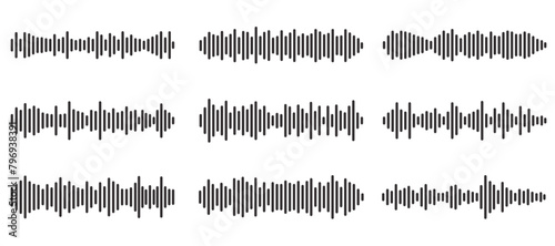 Set of wavy, vibrating and pulsating lines. Podcast sound waves. Waveform pattern for music player, podcast, voice message, music app. Audio wave icon. Isolated vector illustration.