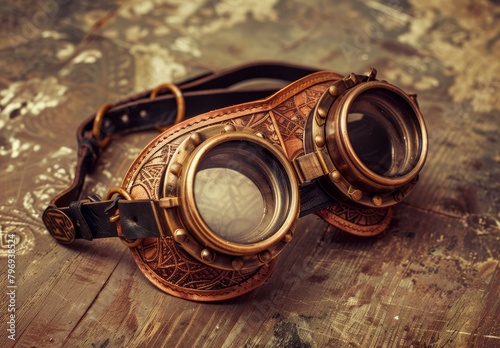 Vintage steampunk goggles on wooden background photo