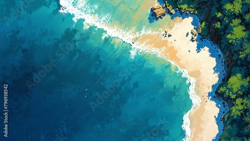 Tropical seascape in aerial perspective. Deep blue ocean at sunny day, tropical lagoon. Sand beach and blue wavy sea on painting. AI generated illustration