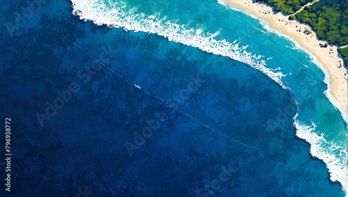 Tropical seascape in aerial perspective. Deep blue ocean at sunny day, tropical lagoon. Sand beach and blue wavy sea on painting. AI generated illustration