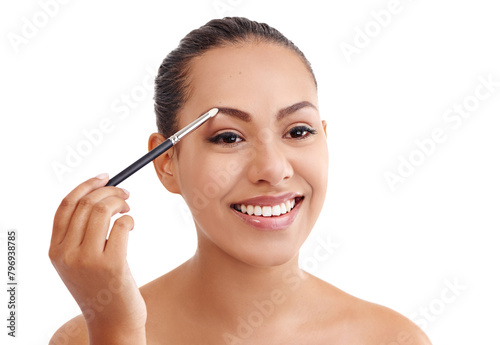 Happy woman, beauty and makeup with brush for cosmetics or cosmetology on a white studio background. Face of young female person or model with smile for facial treatment, volume or applying eyeshadow