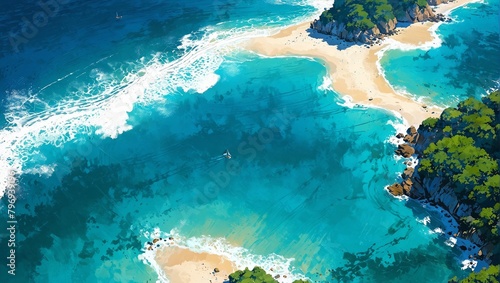 Tropical seascape in aerial perspective. Deep blue ocean at sunny day, tropical lagoon. Sand beach and blue wavy sea on painting. AI generated illustration