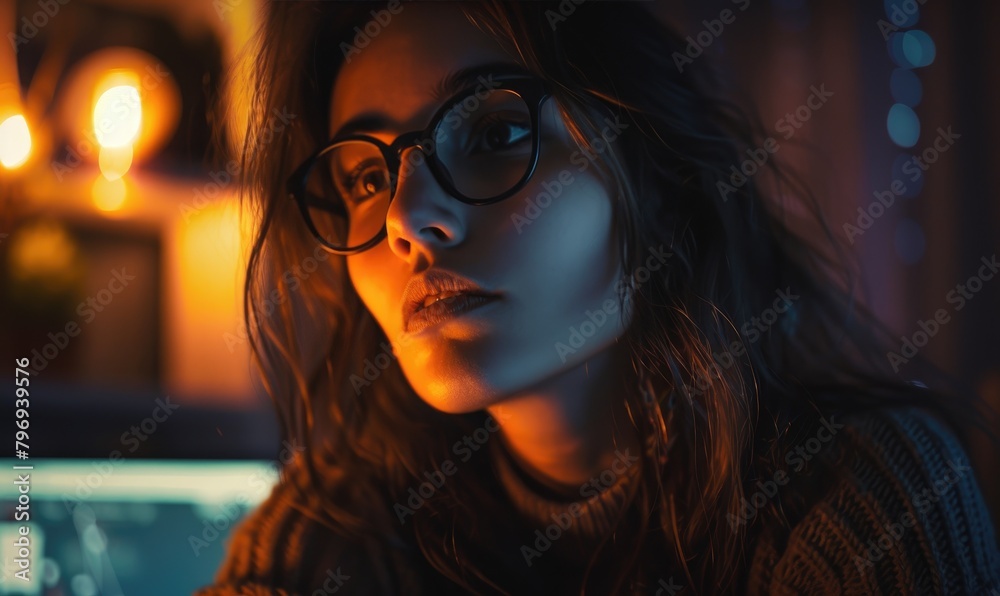 A female employee with gloomy mood looking at a screen A female employee with gloomy mood looking at a screen