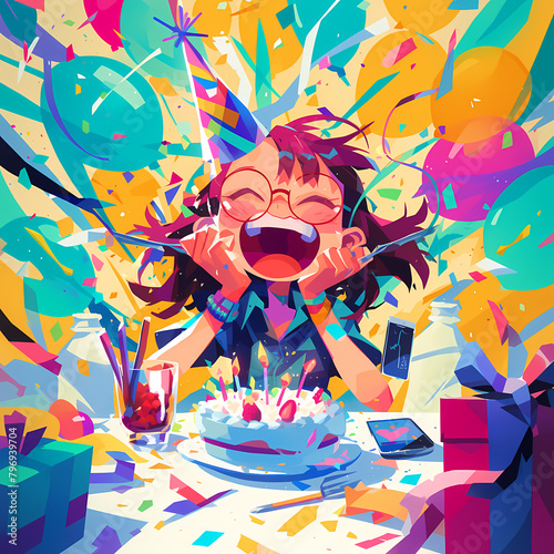 Birthday Girl Delight  Colorful Party Illustration with Cake and Balloons