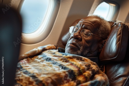 An elderly African American man sleeps in his airplane seat, covered with a blanket. photo