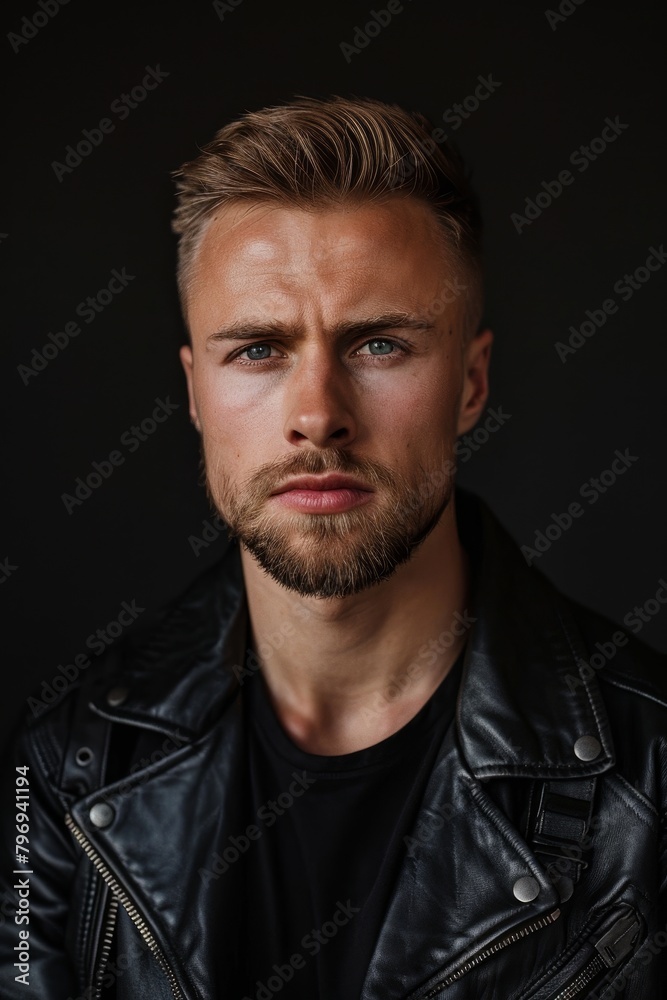 Serious young man with beard wearing leather jacket