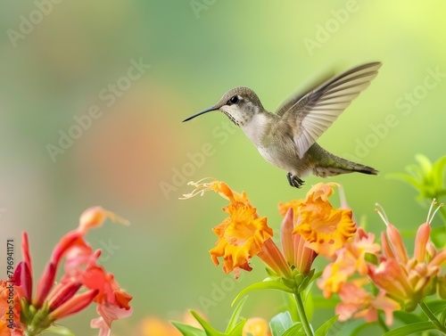 Hummingbird hovering near colorful flowers © Balaraw