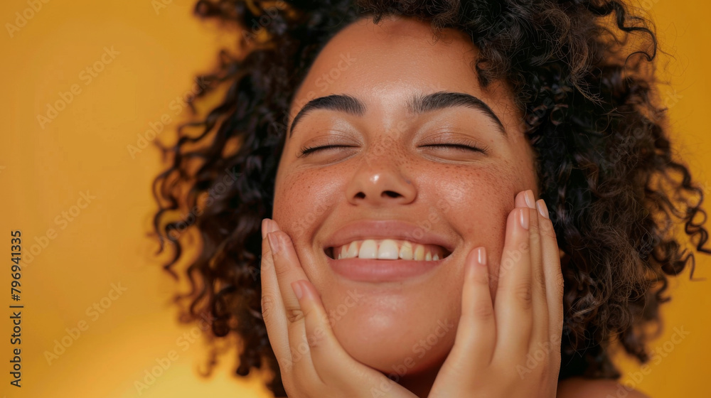 Portrait of a plump cute woman touching her skin with her hands while applying cream. Happy curly woman touching her face. Skin care concept. Portrait of a plump cute woman touching her skin with her hands while applying cream. Happy curly woman touching her face. Skin care concept.