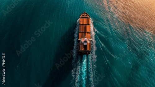 Overhead drone shot capturing a freight ship as it navigates through vast ocean waters, a key player in global logistic operations