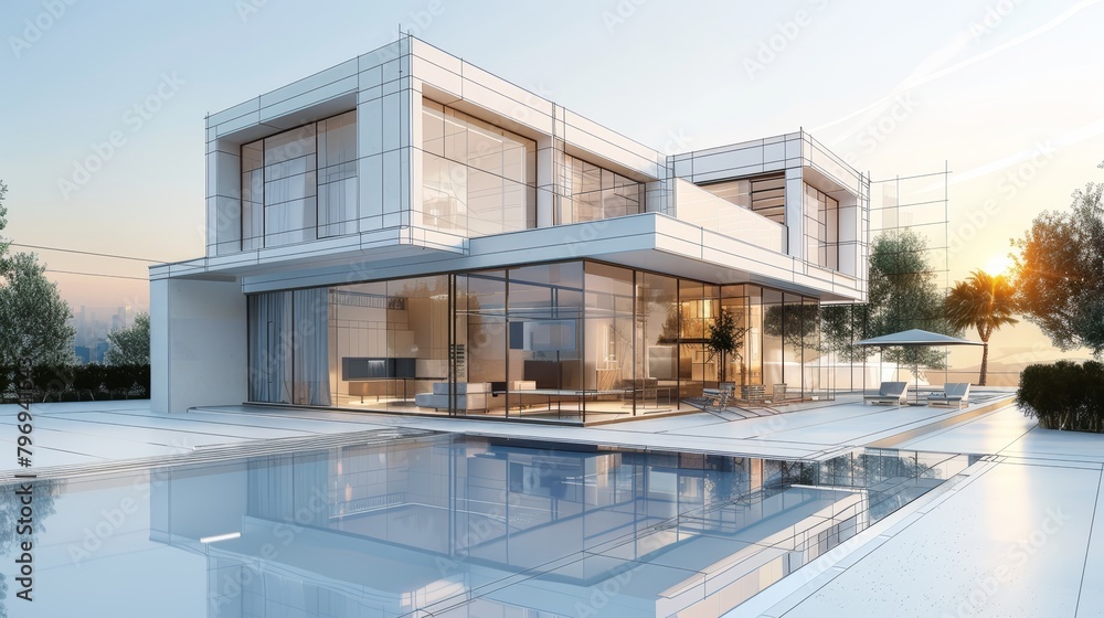 This 3D rendering showcases a luxurious villa, where vivid, realistic detailing contrasts against a clear wireframe model, enhanced with copy space for editorial or design purposes This 3D rendering showcases a luxurious villa, where vivid, realistic detailing contrasts against a clear wireframe model, enhanced with copy space for editorial or design purposes